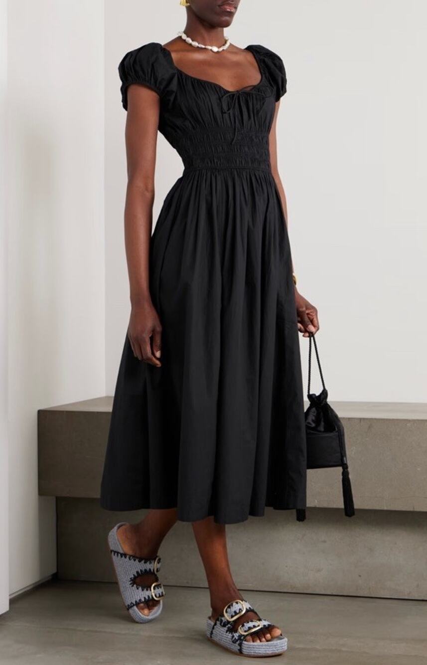 DÔEN Quinn Black Organic Cotton Poplin Shirred Midi Dress Size M
